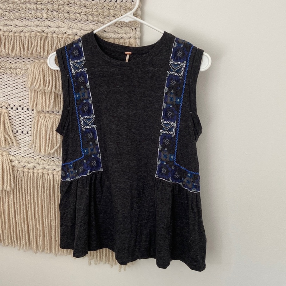 Free People Black and Blue Embroidered Tank Top